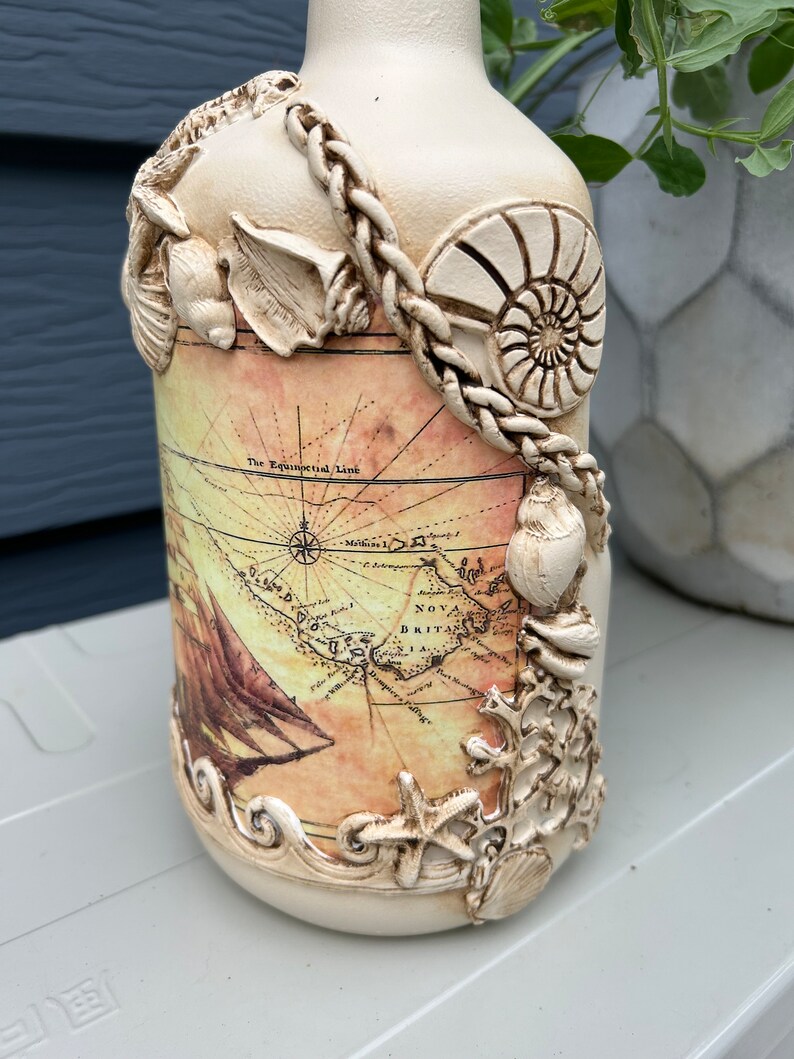Handcrafted Decoupaged Bottle Sea Theme Decorative Accent Etsy