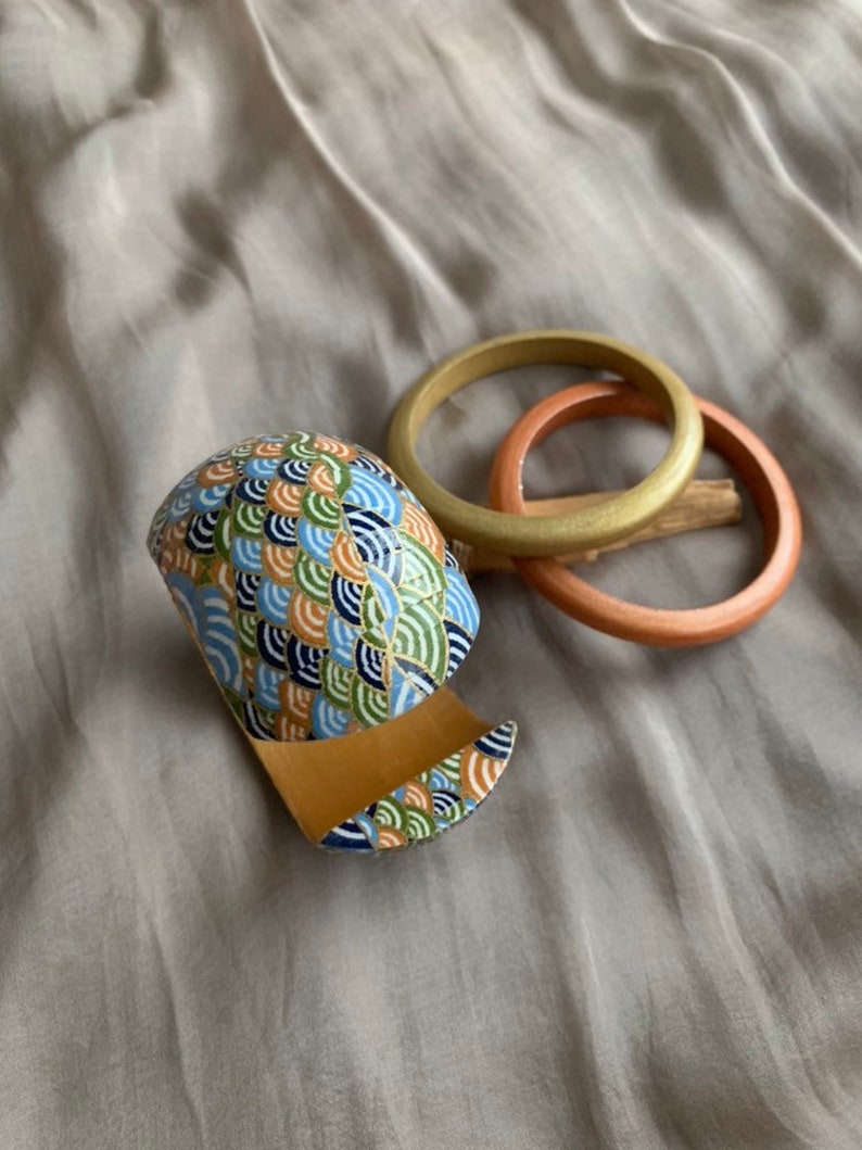 statement jewelry Boho hand decorated bracelet unique gift chunky decoupage bangle wooden bangle Japanese paper decorated bangle