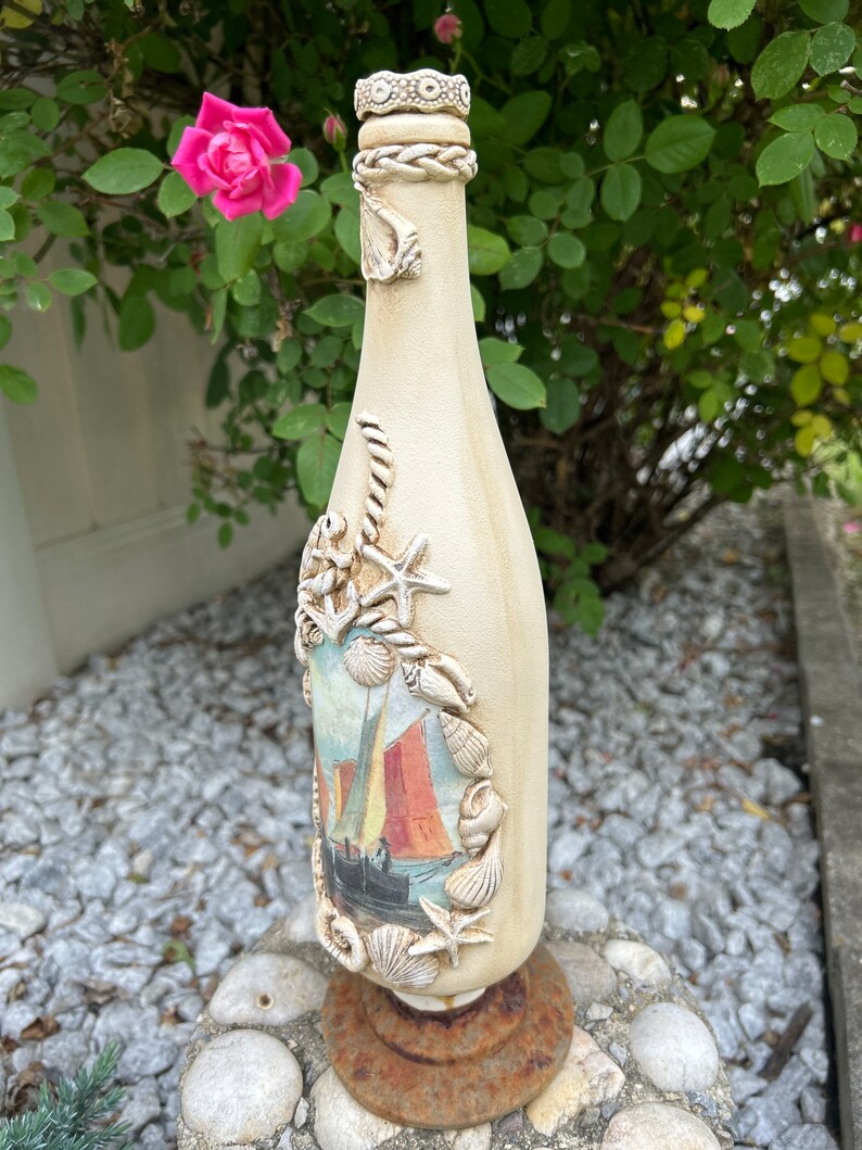Handcrafted, Nautical Decoupaged Bottle, Sea Theme Decorative Accent