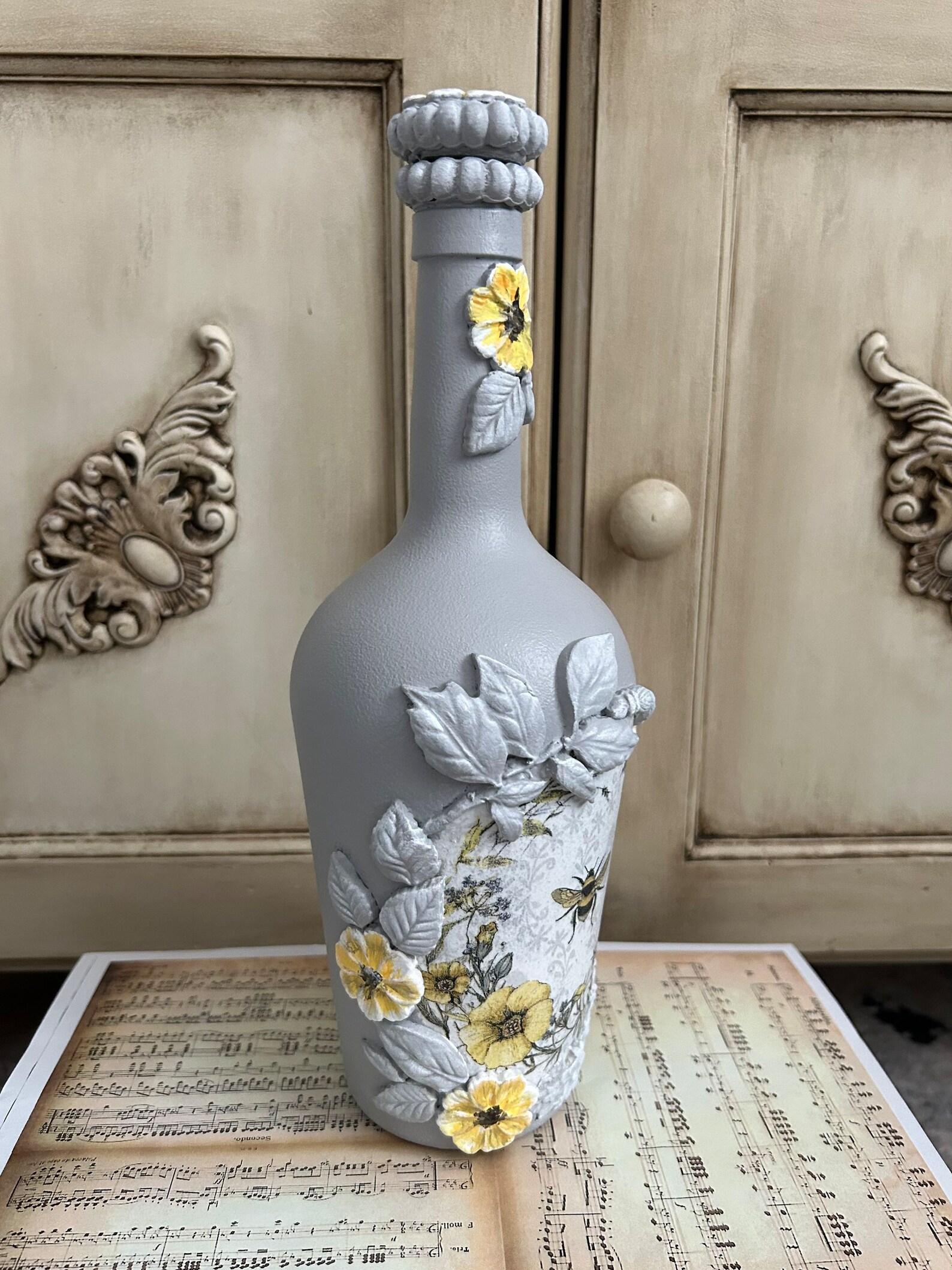 Hand Painted Decoupage Glass Bottle Decoupage Bottle Etsy