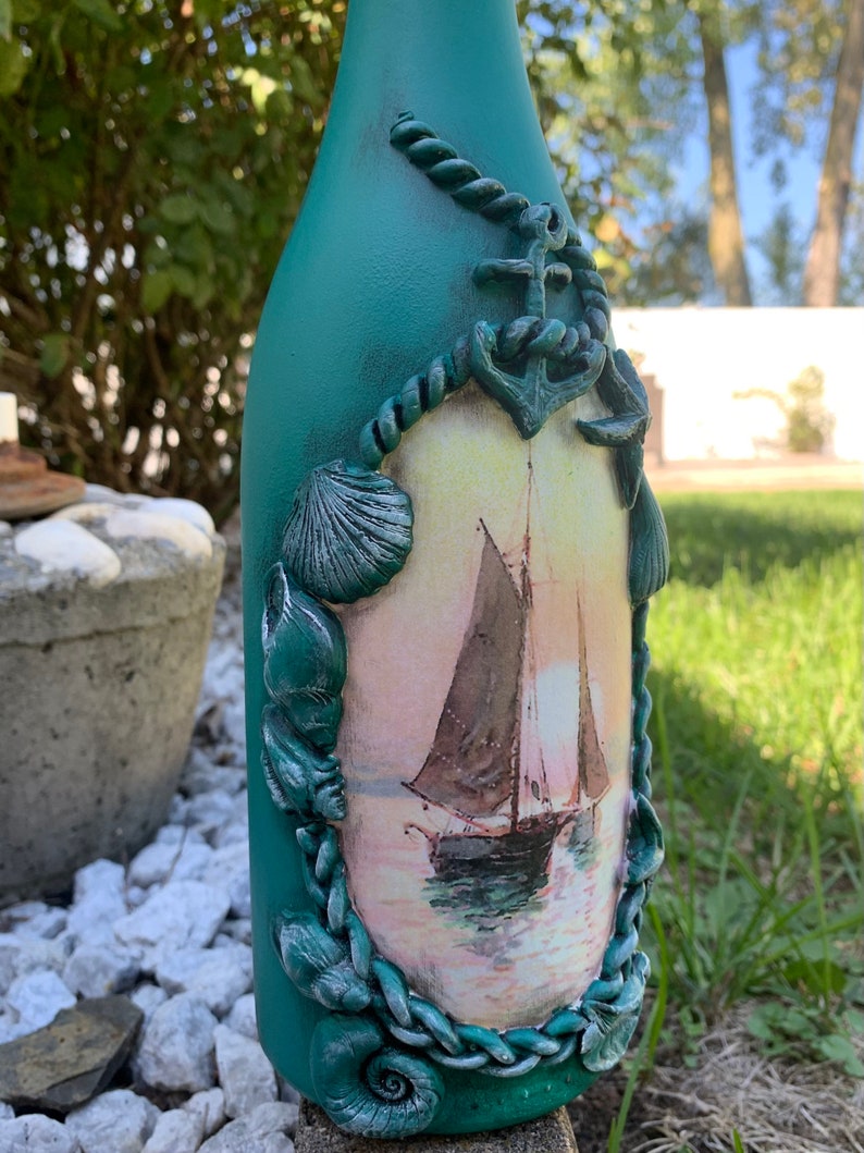 Handcrafted Nautical Decoupaged Bottle Sea Theme Decorative Etsy
