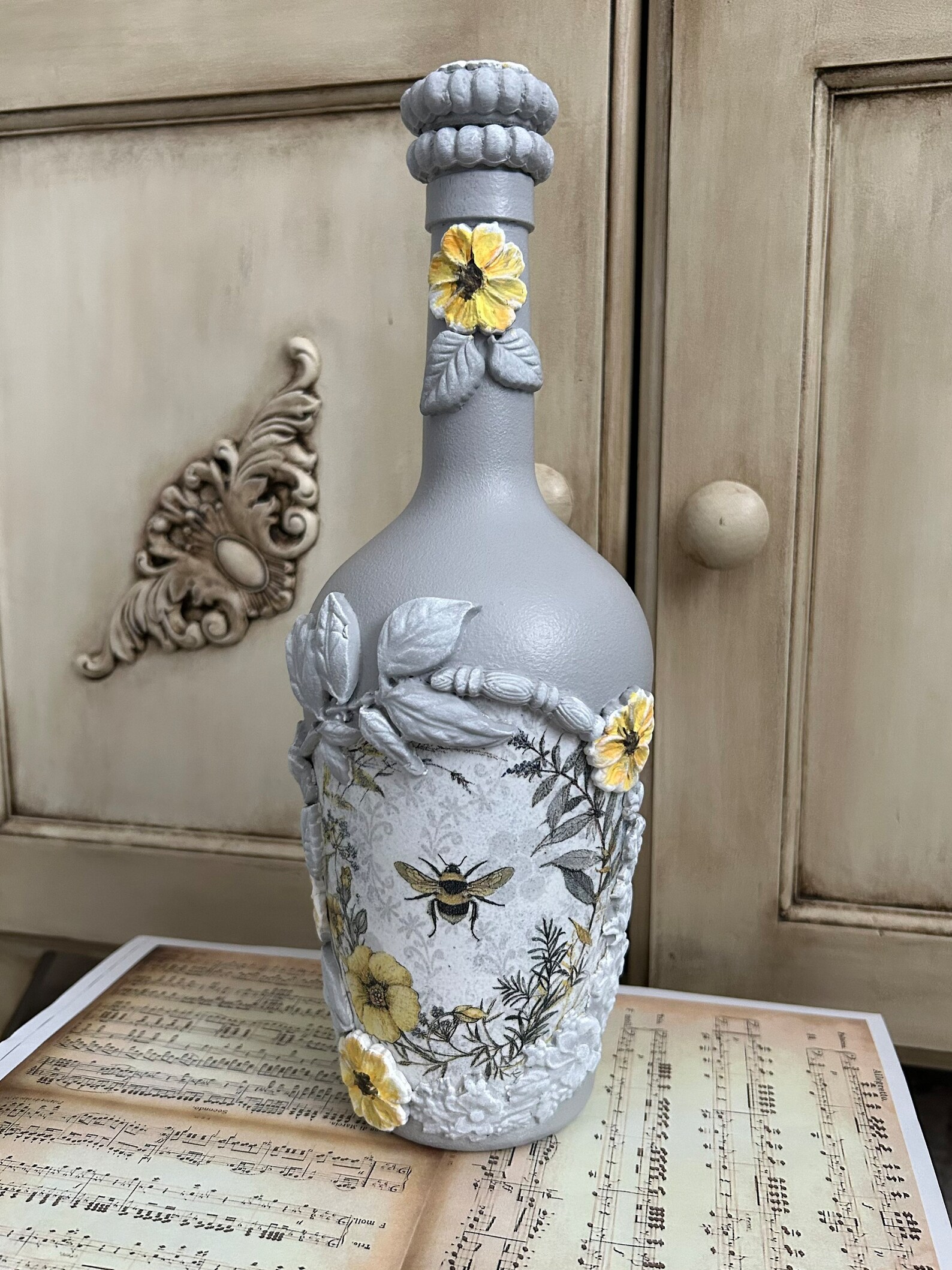 Hand Painted Decoupage Glass Bottle Decoupage Bottle Etsy