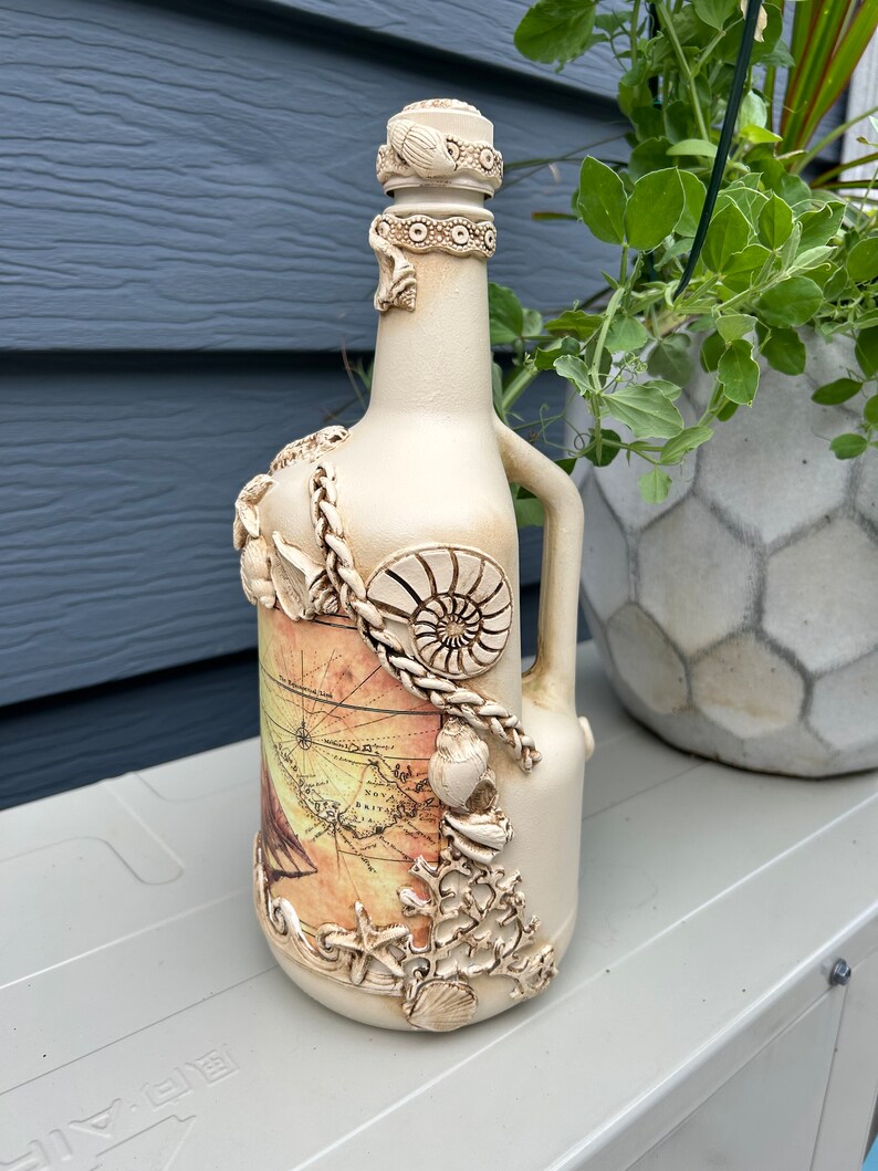 Handcrafted Decoupaged Bottle Sea Theme Decorative Accent Etsy
