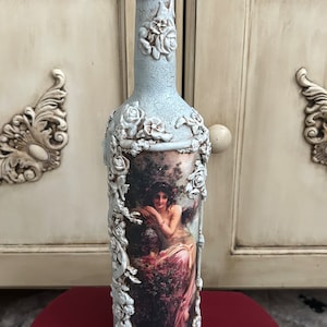Handcrafted decoupaged bottle, vintage lady decorative accent, rustic home decor, home accent, up-cycle bottle, unique decor
