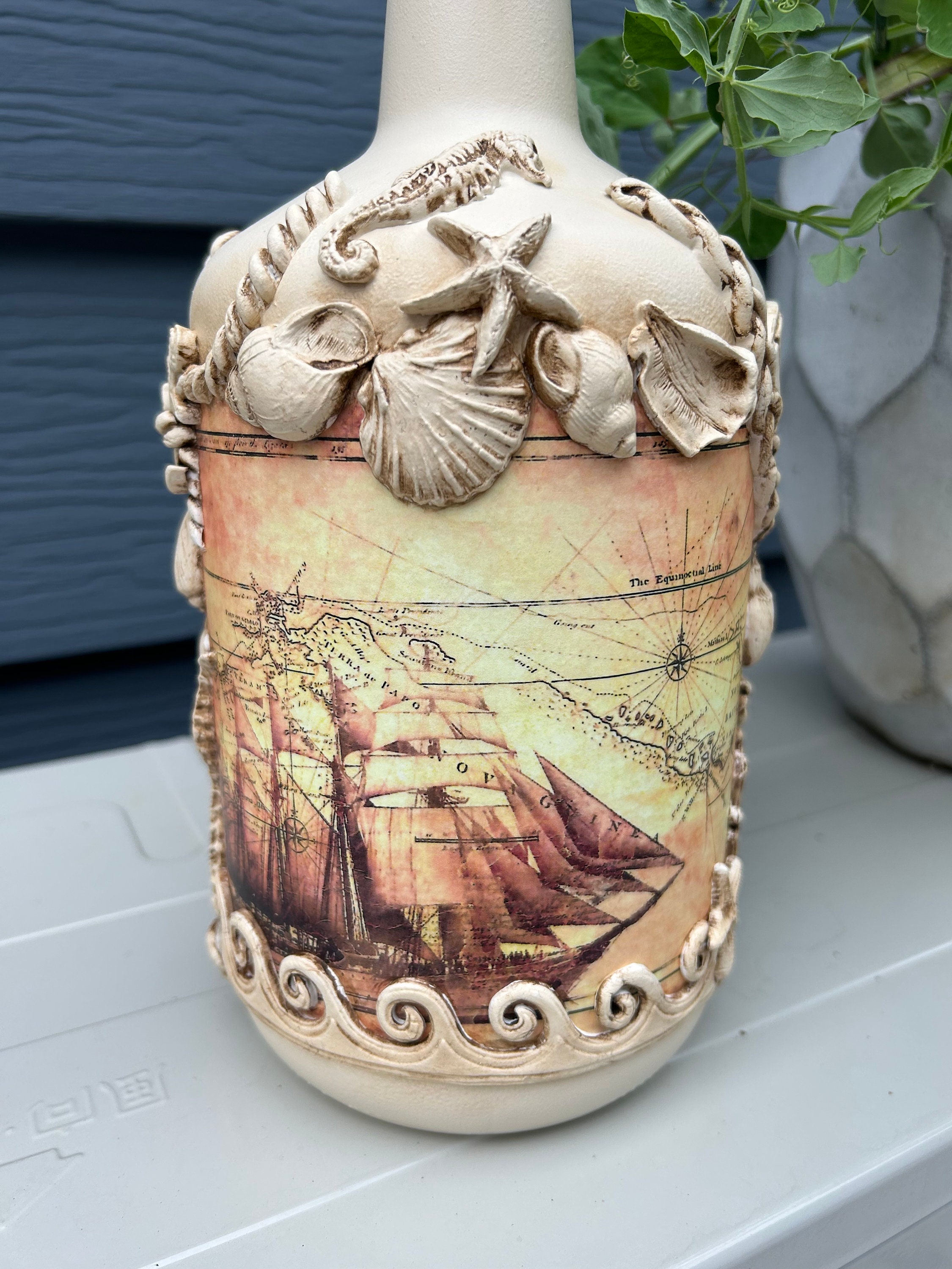Handcrafted Decoupaged Bottle Sea Theme Decorative Accent Etsy