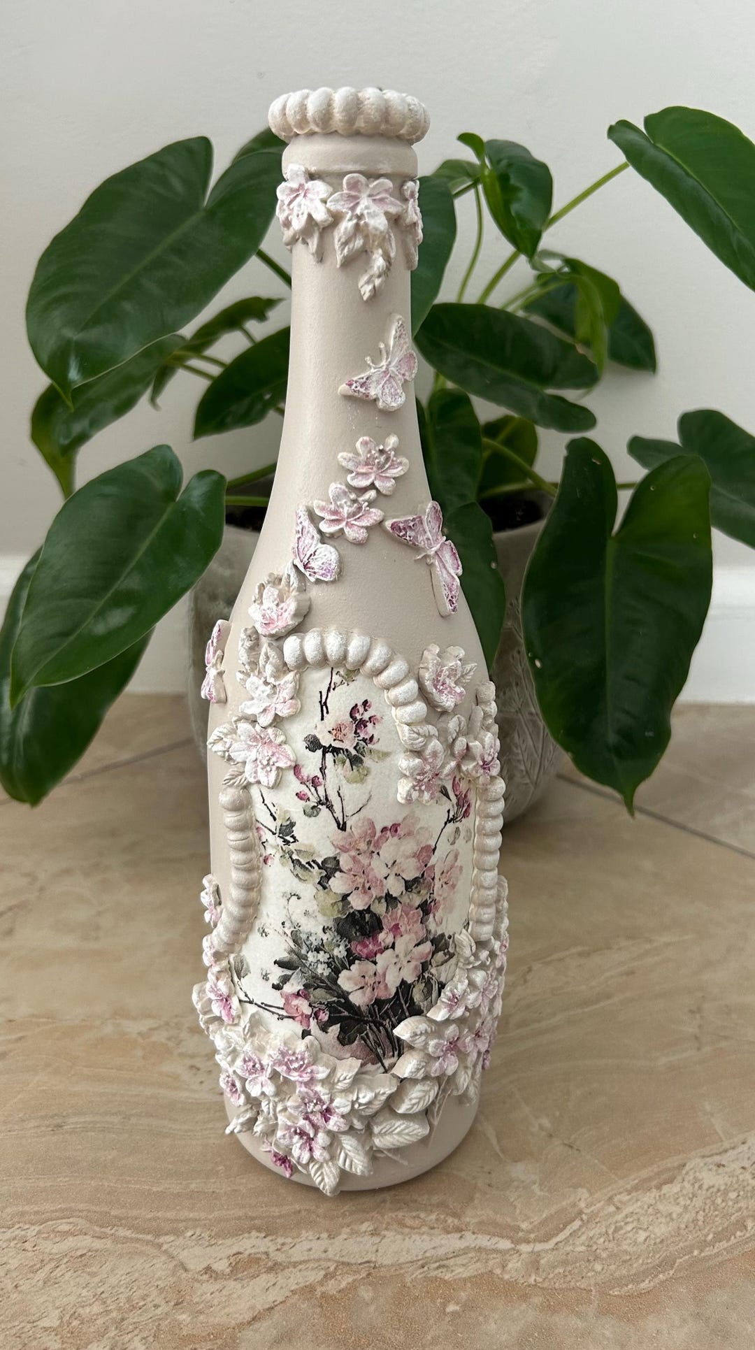 Handcrafted Decoupaged Glass Bottle: Shabby Chic Floral Decor - Etsy
