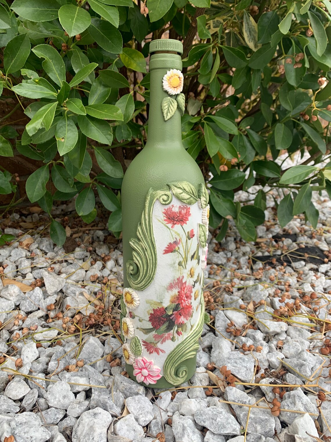 Hand Painted Decoupage Glass Bottle Daisies Decoupage Bottle Etsy