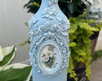Handcrafted Decoupage Bottle: Shabby Chic Floral Home Decor