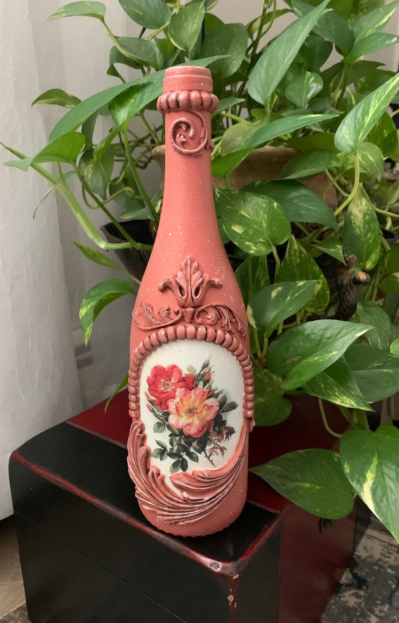Hand Painted Decoupage Glass Bottle Roses Decoupage Bottle Etsy