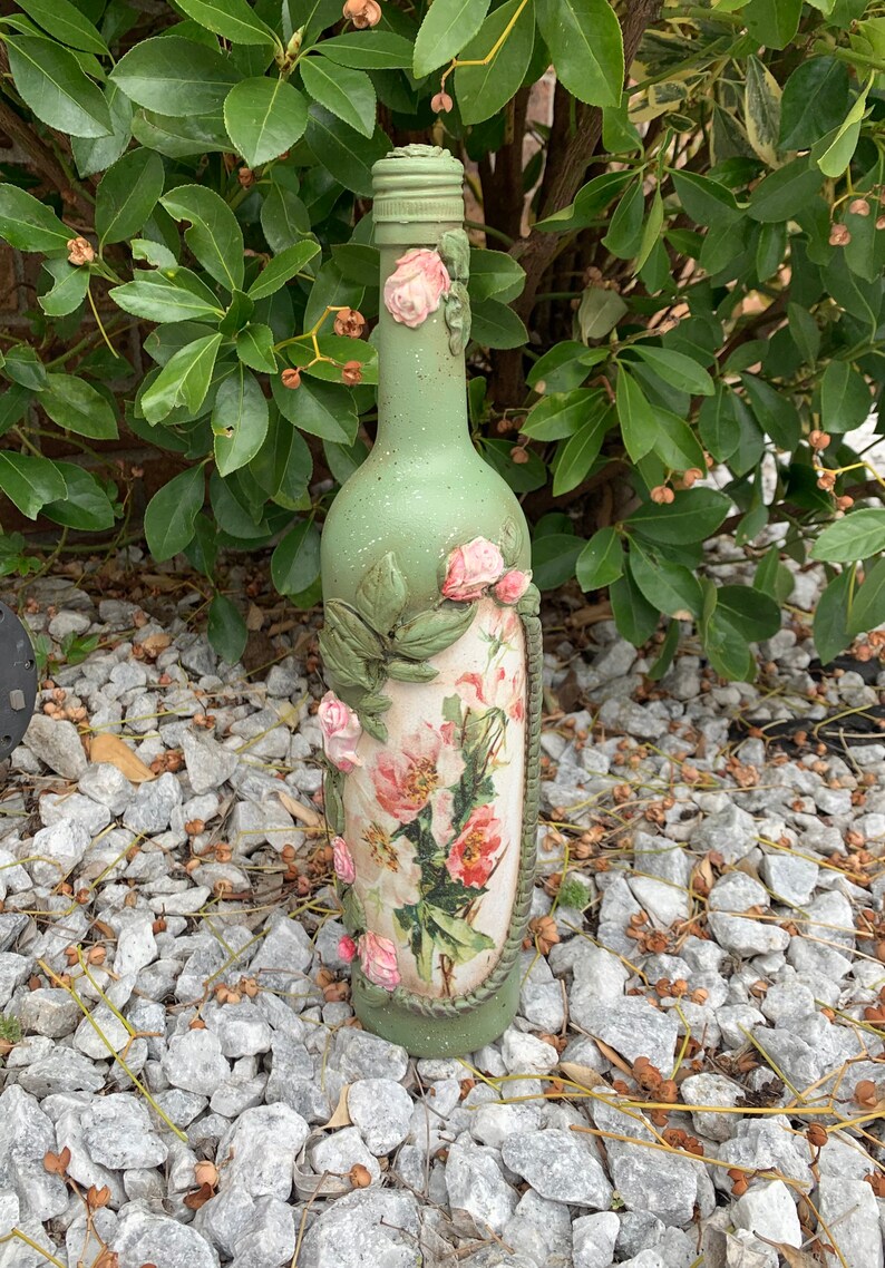 Hand Painted Decoupage Glass Bottle Roses Decoupage Bottle Etsy