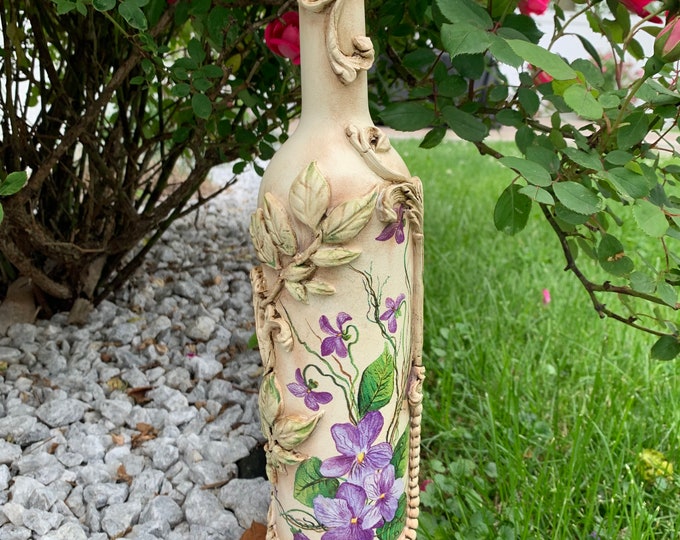 Hand Painted Decoupage Glass Bottle, Violets Decoupage Bottle