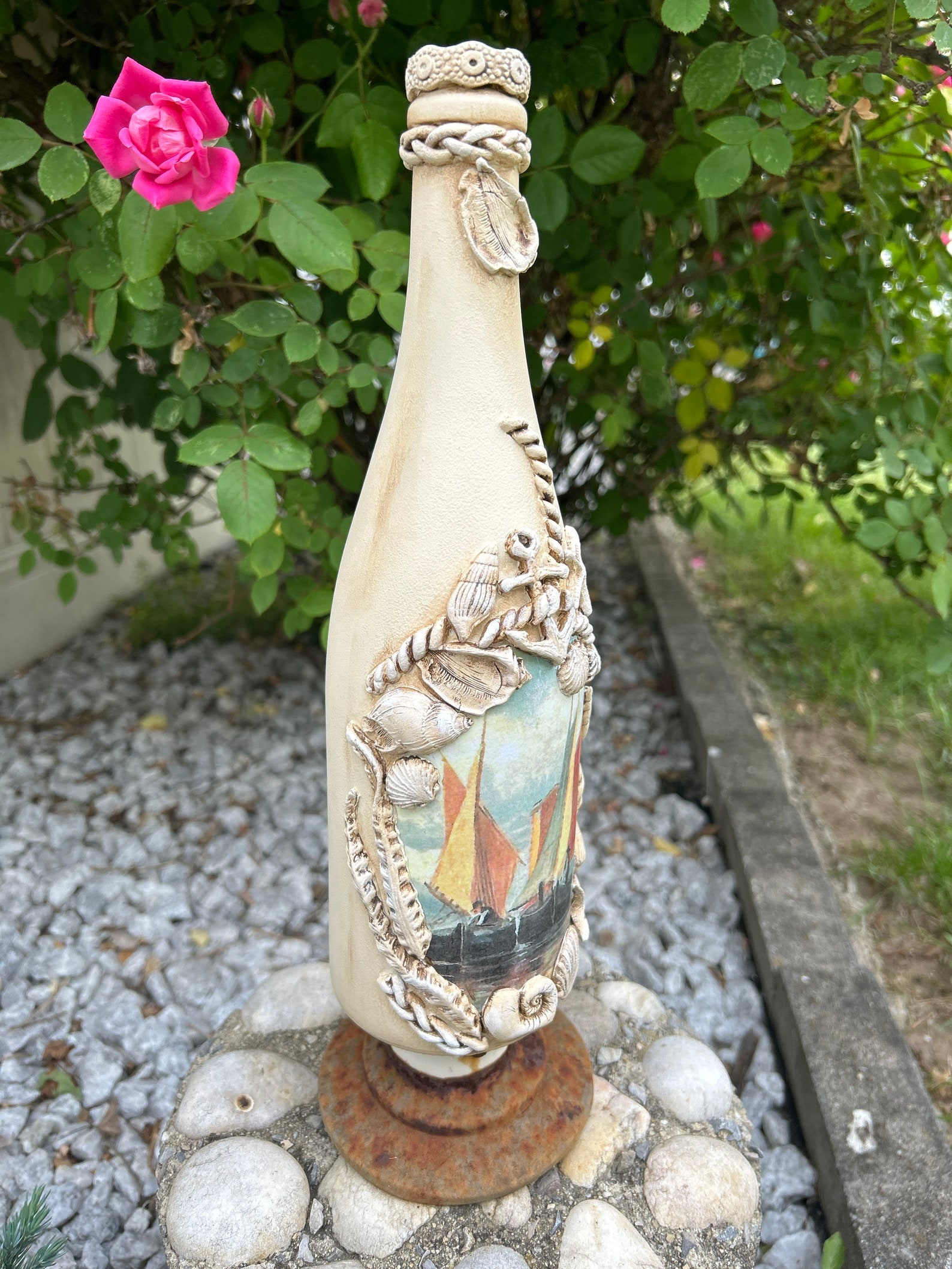 Handcrafted, Nautical Decoupaged Bottle, Sea Theme Decorative Accent