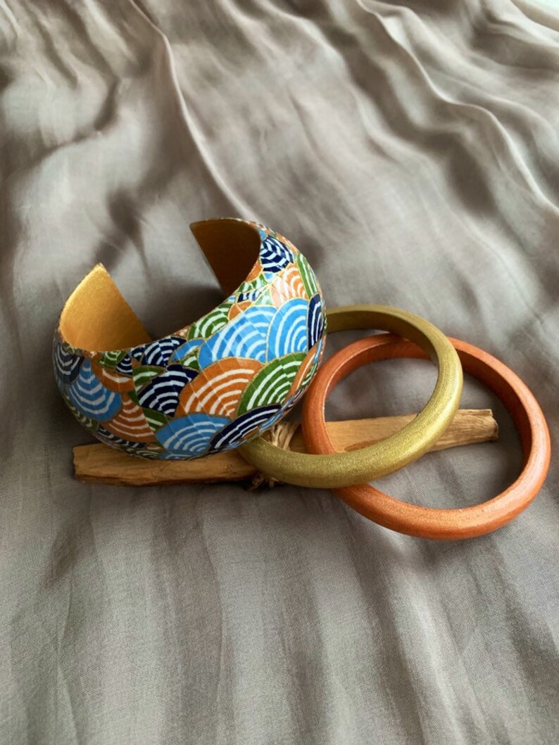 statement jewelry Boho hand decorated bracelet unique gift chunky decoupage bangle wooden bangle Japanese paper decorated bangle