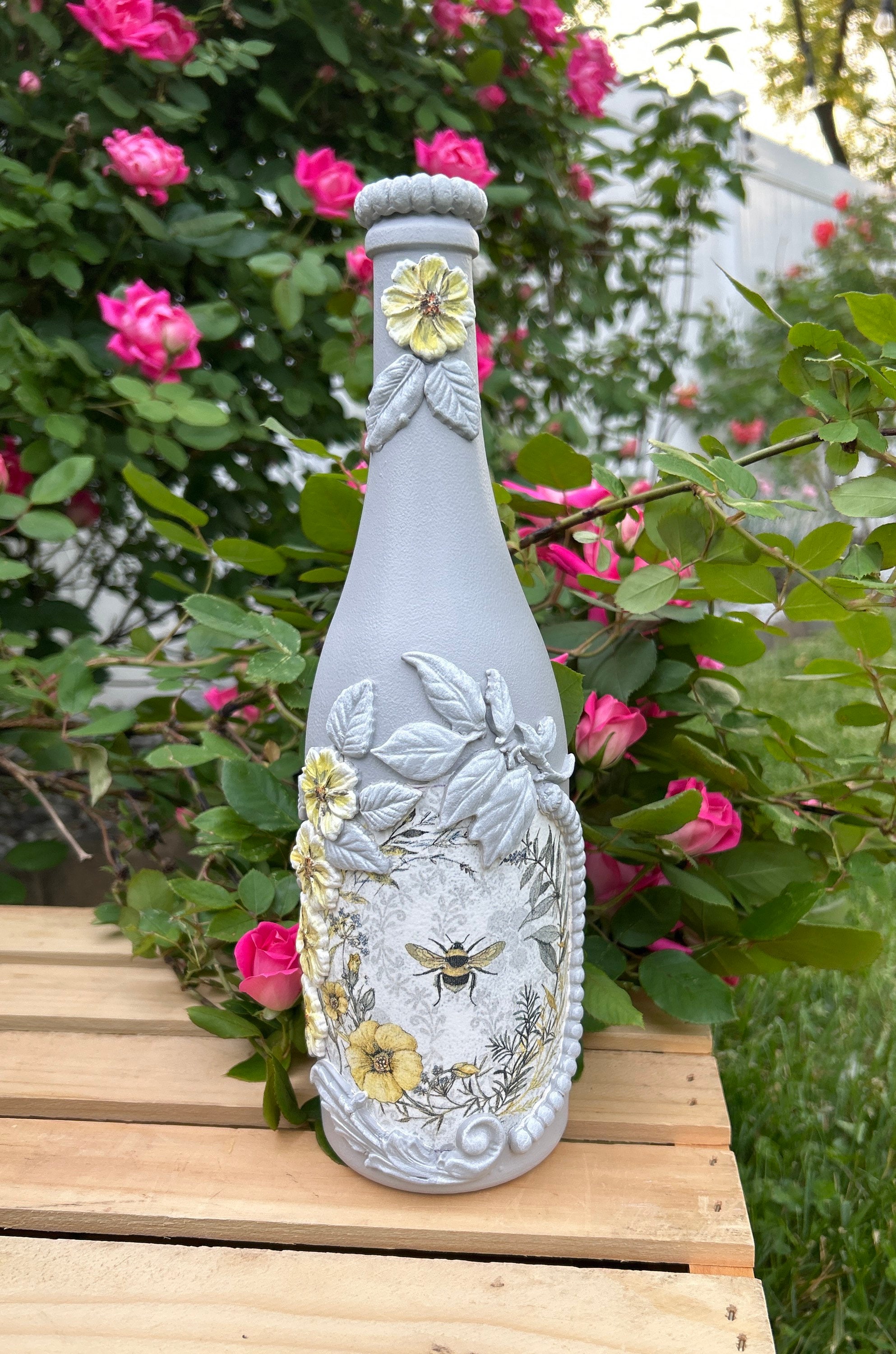 Hand Painted Decoupage Glass Bottle, Decoupage Bottle, Decorative