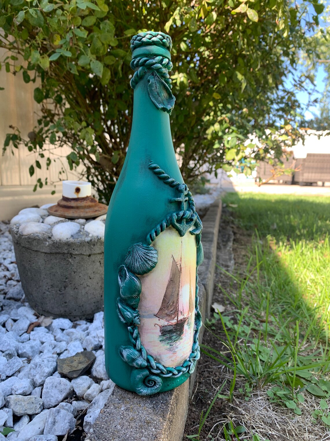 Handcrafted Nautical Decoupaged Bottle Sea Theme Decorative Etsy