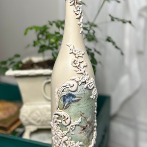 Handcrafted birds and flowers decoupage glass bottle, wine bottle decor, decorative bottle, home decor accent, unique gift, shabby chic
