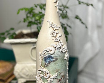 Handcrafted birds and flowers decoupage glass bottle, wine bottle decor, decorative bottle, home decor accent, unique gift, shabby chic
