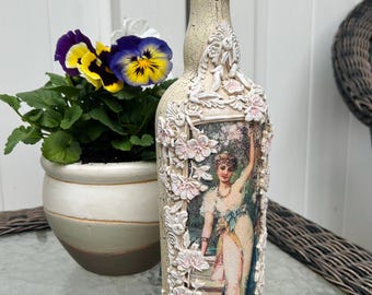 Decoupage Bottle: Rustic Vintage Lady Shabby Chic Home Decor