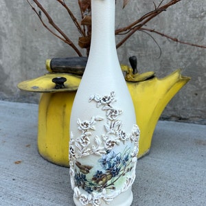 Handcrafted birds and flowers decoupage glass bottle, wine bottle decor, decorative bottle, home decor accent, unique gift, shabby chic