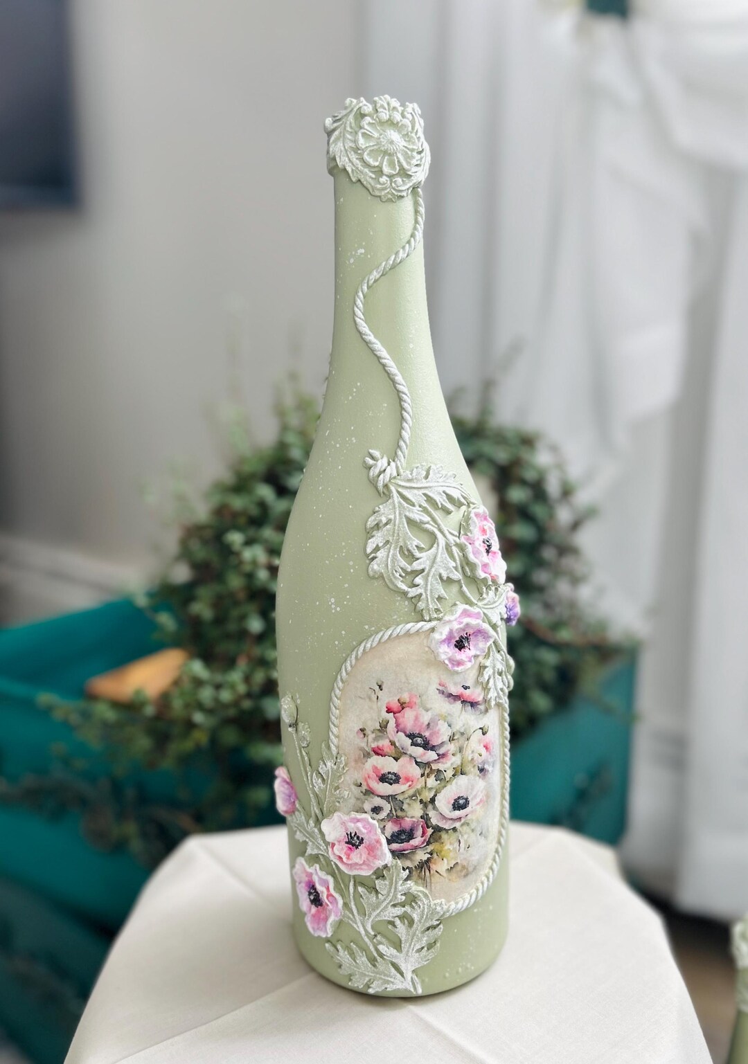 Handcrafted Decoupaged Glass Bottle: Shabby Chic Floral Decor - Etsy