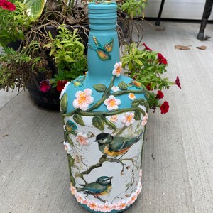 Hand painted and birds decoupage bottle, decorative jug, up-cycled bottle, decoupaged bottle, country decor, shabby chic accent, home decor