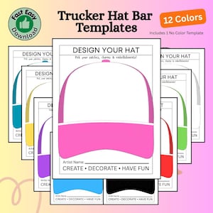 Op de afbeelding: Een set digitale trucker hat bar sjablonen met 12 kleurvariaties en één kleurloze optie. Elke pagina toont een lijntekening van een truckerpet met de tekst DESIGN YOUR HAT, Pick your patches, charms & embellishments!, Artist Name:, en CREATE • DECORATE • HAVE FUN.