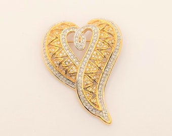 Vintage Swirled Rhinestone Heart Brooch Pin
