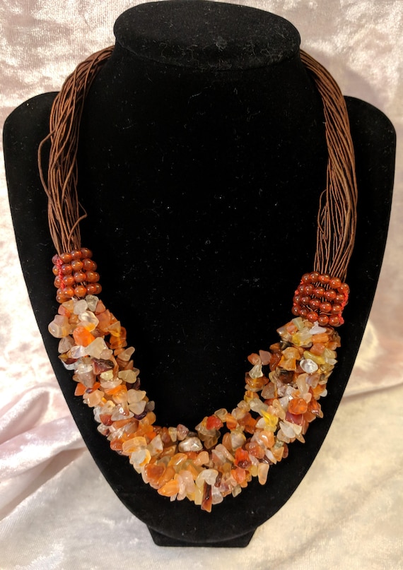 Vintage Gemstone Necklace - Amber Colored Mixed Po