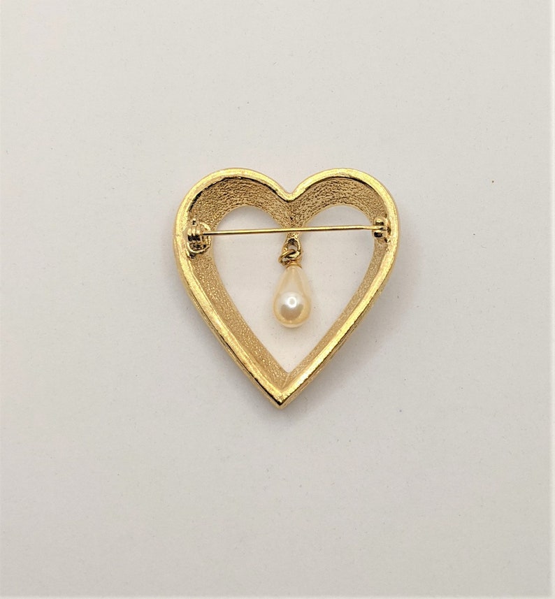 Vintage Heart Brooch with Dangling Faux Pearl