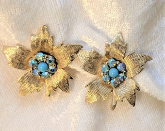 Vintage Clip Ons - Gold Tone Flower Clip On Earrings with AB Rhinestones