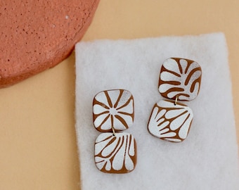 Floral Handpainted Polymer Clay Earrings / Natural Organic Bohemian Style / Lightweight Hypoallergenic / Bridesmaid Gift