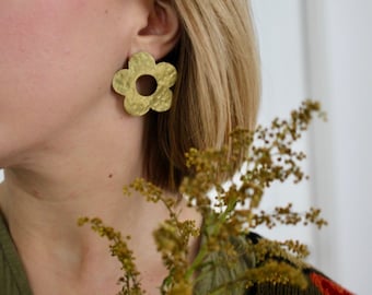 Large Brass Flower Statement Earrings / Cute Handmade Jewelry