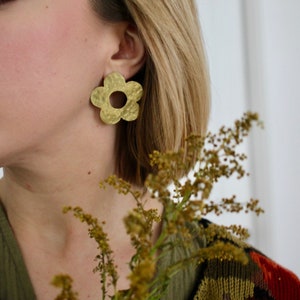 Large Brass Flower Statement Earrings / Cute Handmade Jewelry image 1
