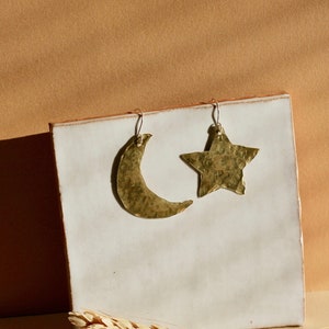 Star and Crescent Moon Brass Statement Earrings / Lightweight Metal Handmade Dangle Earrings / Celestial Space Jewelry image 2