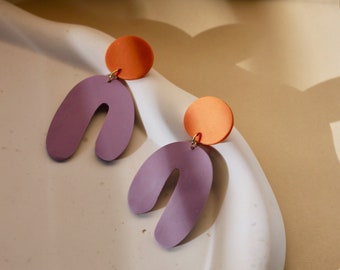 Orange and Purple Clay Statement Earrings / Abstract Organic Jewerly