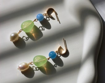 Elegant Dangle Earrings / Gift For Her / Blue Green Beaded Earrings