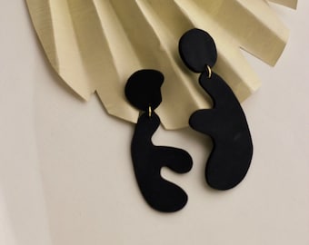 Bold Organic Shape Large Statement Earrings / Abstract Earrings / Polymer Clay / Black