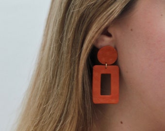 Retro Earring / Orange Geometric Earrings / Polymer Clay Statement Earrings / Minimal Modern Design