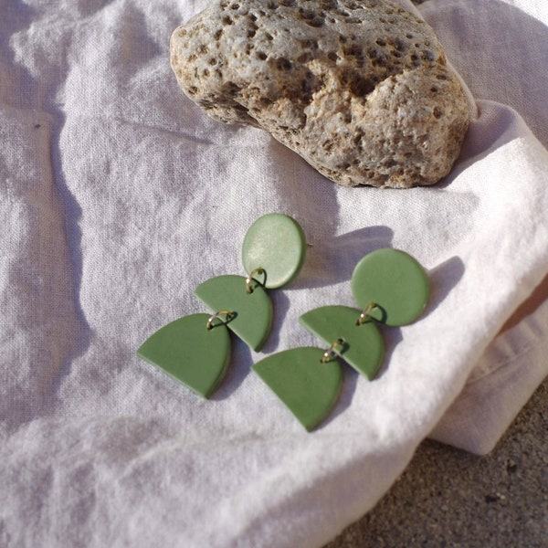 Green Geometric Statement Earrings /  Polymer Clay / Long Dangle Shapes /  Modern Design