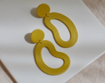 Large Yellow Statement Earrings / Organic Shape / Polymer Clay / Large Dangle Earrings