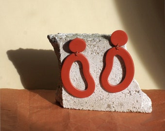 Organic Shape Large Statement Earrings / Abstract Earrings / Polymer Clay / Terracotta Red Brown