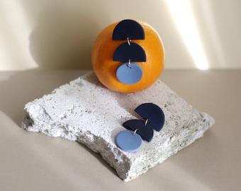 Navy Blue Polymer Clay Statement Earrings / Long Dangle / Minimalist Geometric Earrings / Modern Design