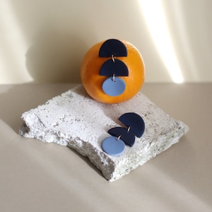 Navy Blue Polymer Clay Statement Earrings / Long Dangle / Minimalist Geometric Earrings / Modern Design