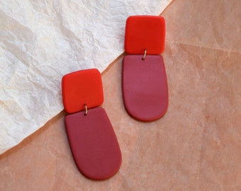 Red Dangle Statement Earrings / Clay Long Drop Earrings / Minimalist and Modern Design / Simple Geometric Shapes