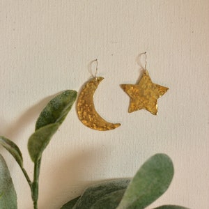 Star and Crescent Moon Brass Statement Earrings / Lightweight Metal Handmade Dangle Earrings / Celestial Space Jewelry image 3