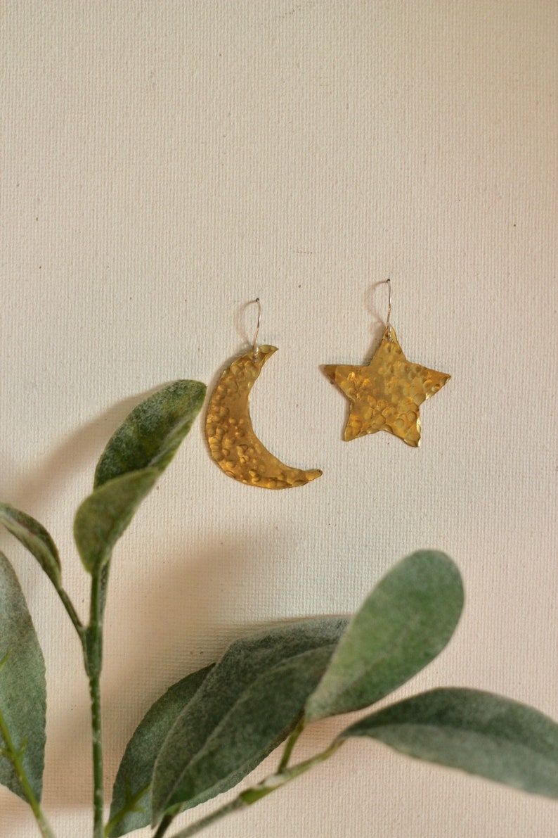 Star and Crescent Moon Brass Statement Earrings / Lightweight Metal Handmade Dangle Earrings / Celestial Space Jewelry image 3