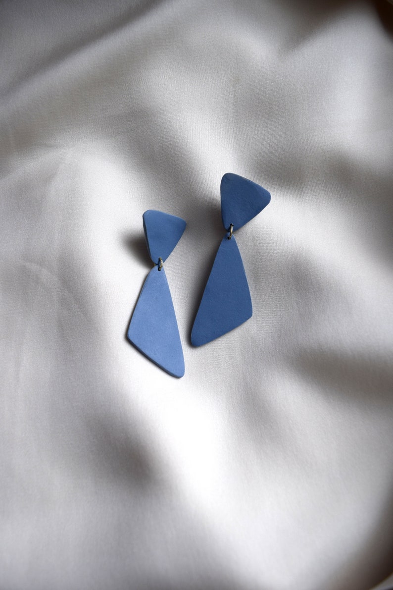 Large Blue Geometric Statement Earrings / Polymer Clay / Long Dangle Earrings image 2