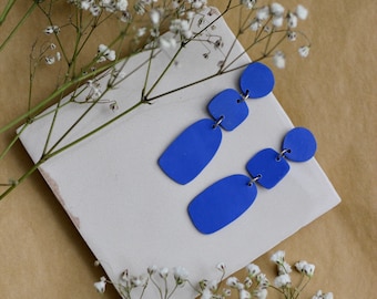 Blue Organic Shape Clay Statement Earrings / Abstract Art Form / Lightweight Dangle