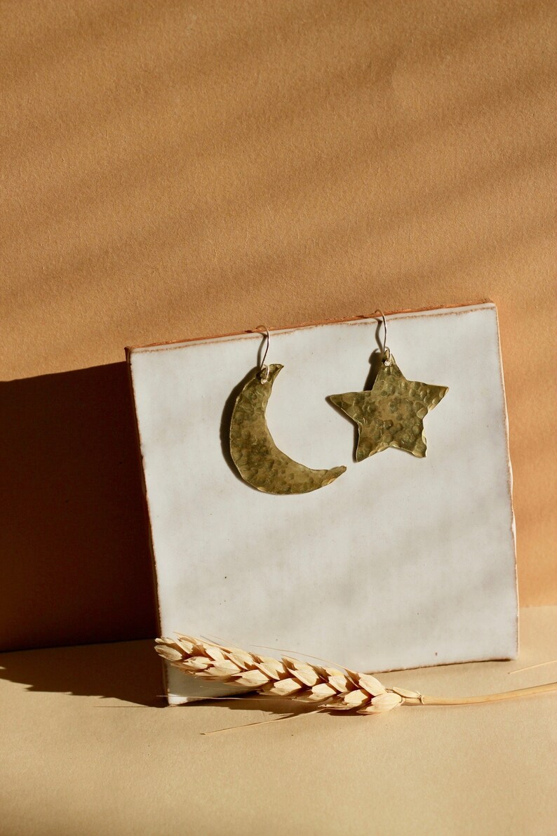 Star and Crescent Moon Brass Statement Earrings / Lightweight Metal Handmade Dangle Earrings / Celestial Space Jewelry image 2