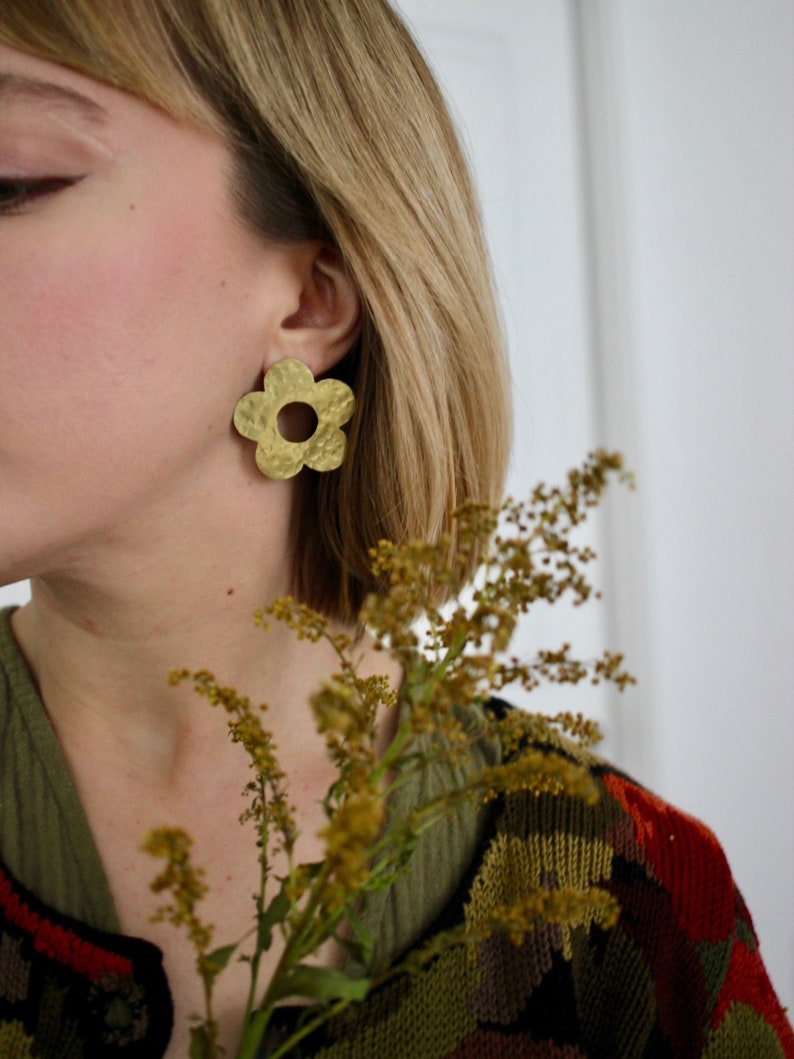 Large Brass Flower Statement Earrings / Cute Handmade Jewelry image 1